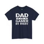 DAD BY DAY - GAMER BY NIGHT Unisex Heavy Cotton Tee - Comfortable Casual Top for Everyday Wear, Perfect for Gifts, Holidays, and Celebrations