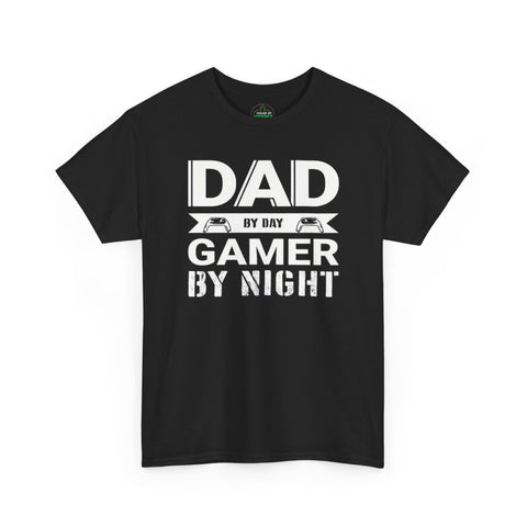 DAD BY DAY - GAMER BY NIGHT Unisex Heavy Cotton Tee - Comfortable Casual Top for Everyday Wear, Perfect for Gifts, Holidays, and Celebrations